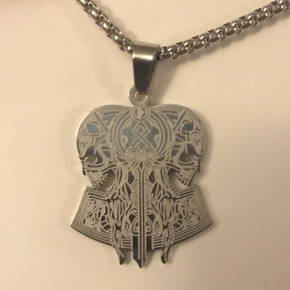 “Opposing Tribal Skulls” Native American Aztec Celtic Nordic Conjoined Necklace - Picture 11 of 13